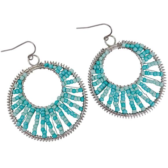 Vintage Boho Seed Bead Hoop Earrings Silver Tone Aqua Turquoise Festival Jewelry - Picture 1 of 9